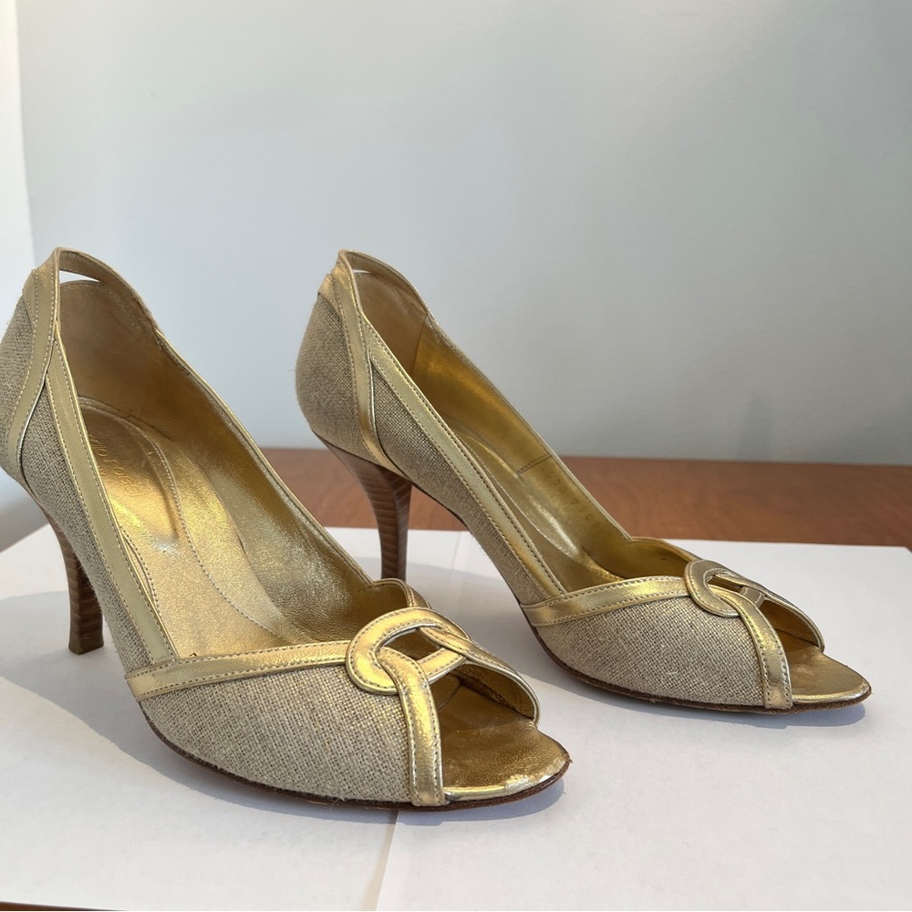 Sergio Rossi Gold Peep-Toe Heels with Medium Slim Heel